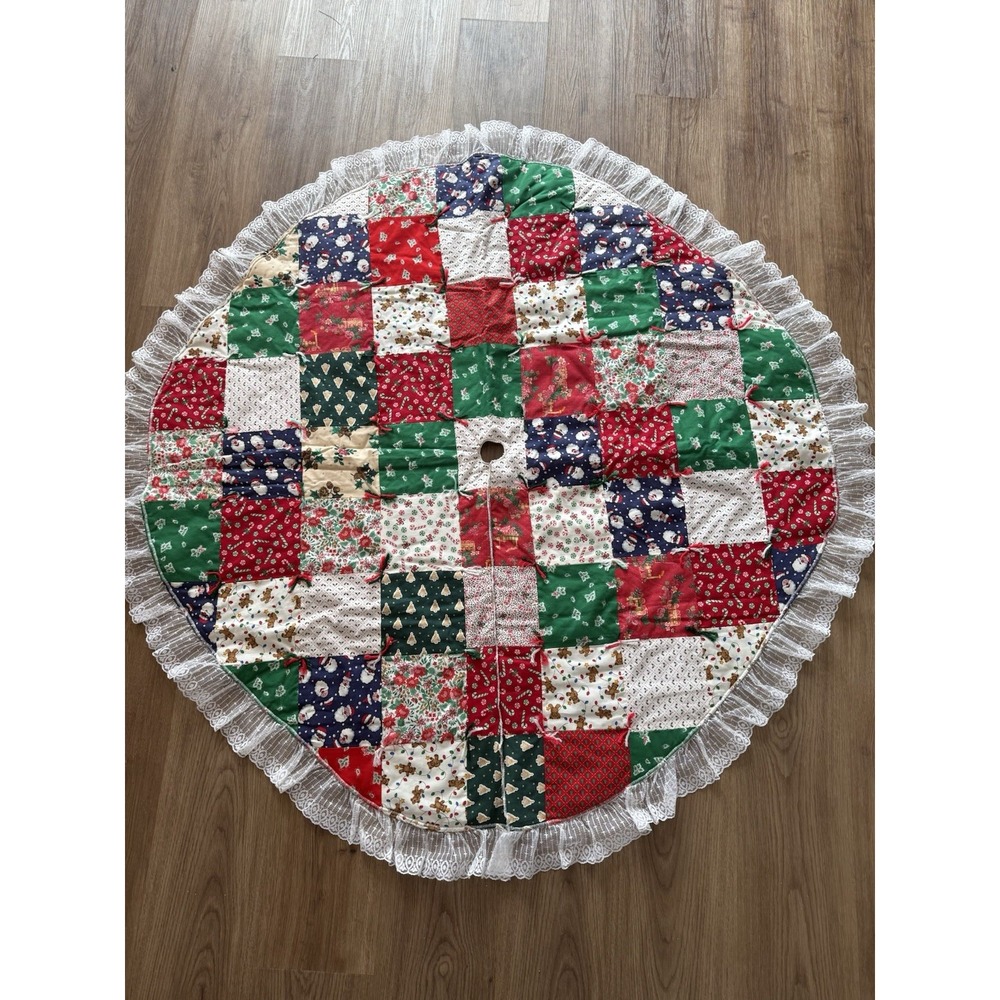 VTG Handmade Quilted Christmas Tree Skirt Patchwork Cotton Lace‎ 48" Reversible
